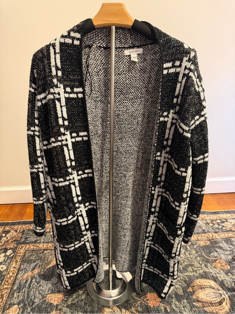 Women’s Nine West Black & White Plaid Open-Front Sweater Cardigan